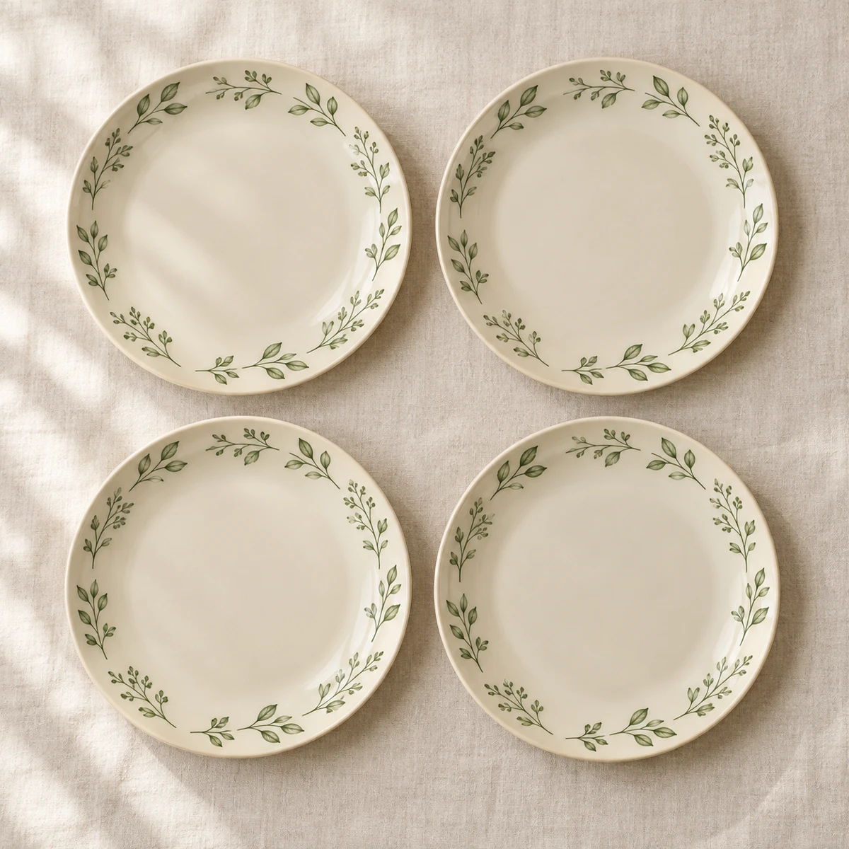 Meadow Morning Salad Set, Cream / leaf green, 4 plates