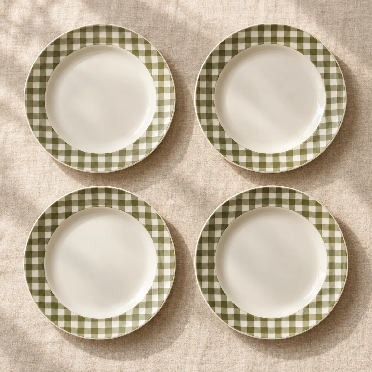 Orchard Gingham Dessert Set, White / moss, 4 plates